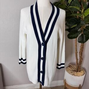 Laura Scott Petite White Navy Blue Striped Cardigan Medium Preppy Coastal Beach